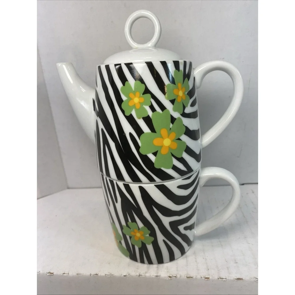 TEA FOR ONE Cute Ceramic Teapot &‎ Cup Zebra Stripe and Flowers